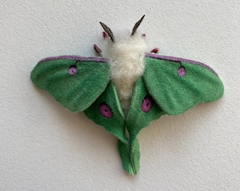 Luna moth, true to size, needle felted, posable, suede,moth figurine, decoration.