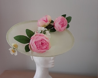 Mint green sinamay saucer with pink peonies