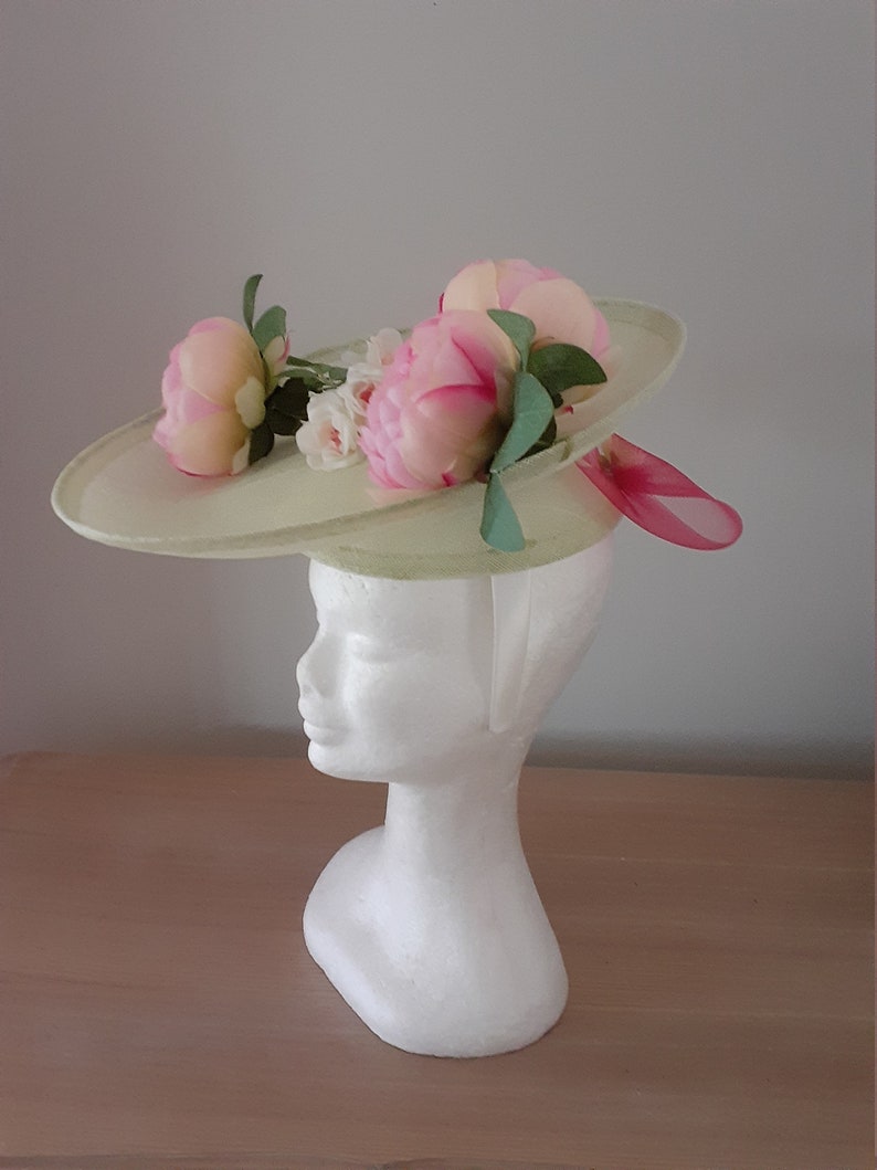 Mint green sinamay saucer with pink peonies image 5