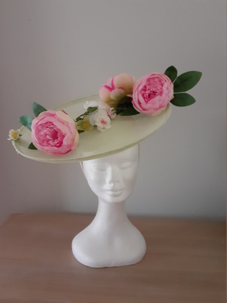 Mint green sinamay saucer with pink peonies image 2