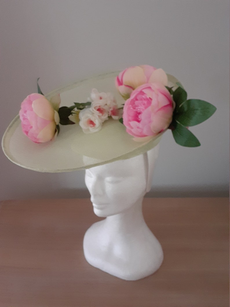 Mint green sinamay saucer with pink peonies image 3