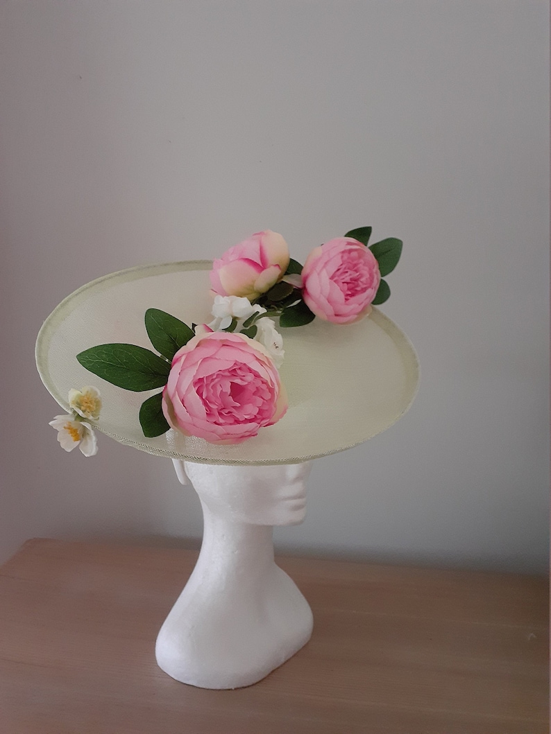 Mint green sinamay saucer with pink peonies image 1