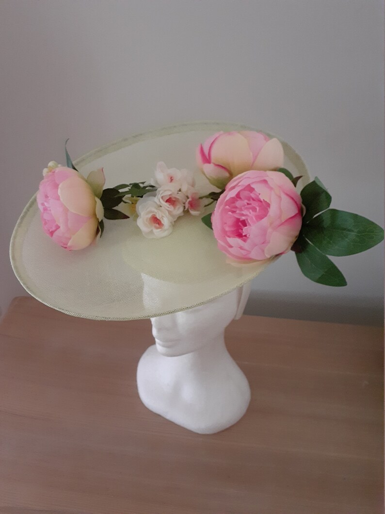 Mint green sinamay saucer with pink peonies image 4