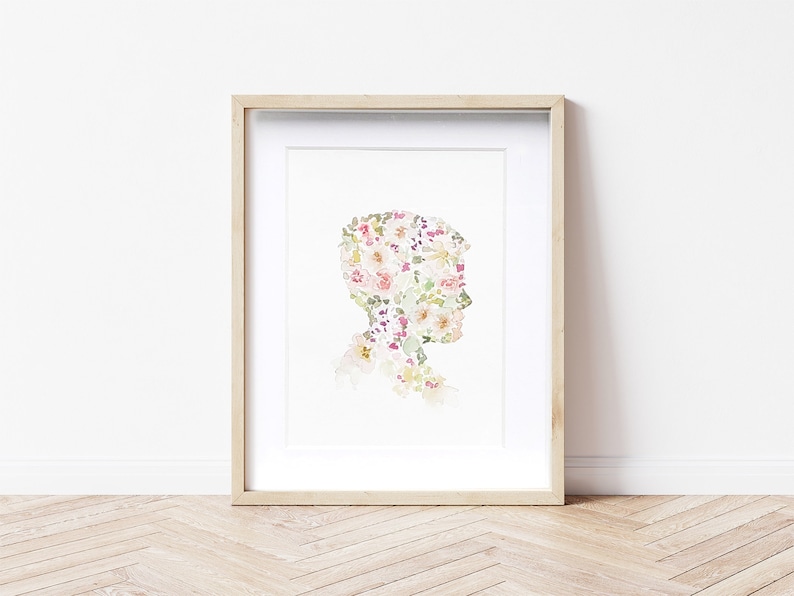 Floral Silhouette Portrait 8x 10 inches, 5 x 7 inches, Original Watercolor Painting image 1