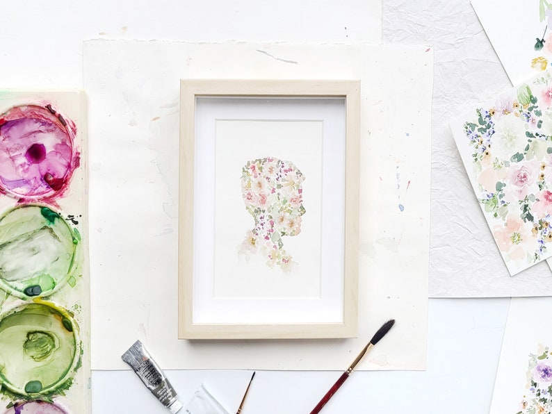 Floral Silhouette Portrait 8x 10 inches, 5 x 7 inches, Original Watercolor Painting image 2