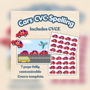 May include: Educational Cars CVC Spelling Canva template with 7 pages. Features red car graphics with letters, a yellow bus, and an airplane. Includes sheets with lowercase and uppercase letters on red cars to practice spelling words.