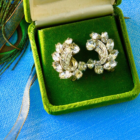 Vintage WEISS Rhinestone Earrings, Art Deco Ear Cl