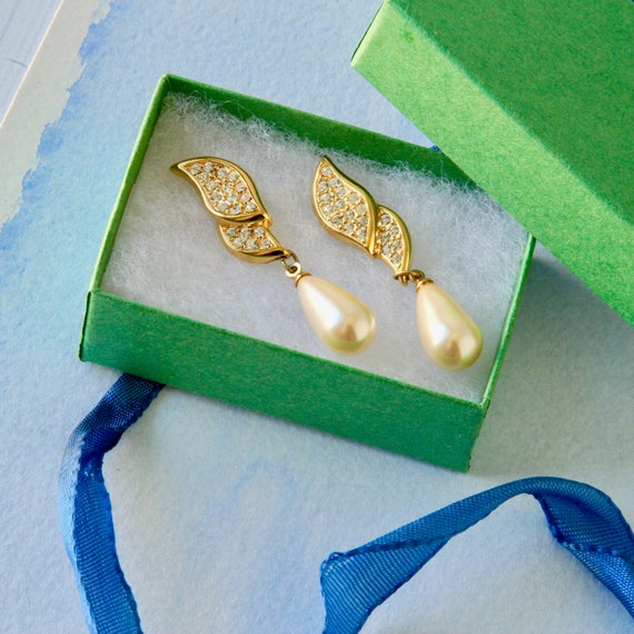 1980s Napier Pavé Rhinestone Earrings, Faux Pearl