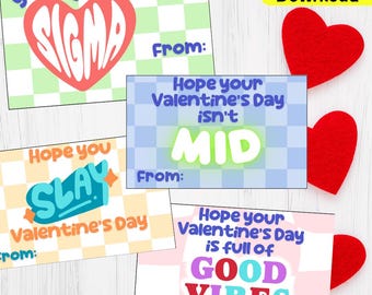 Kids Funny Slang Words - Sigma, Mid, Slay, Good Vibes Valentine’s Cards, Teen Tween Boys Girls Printable PDF - School Appropriate