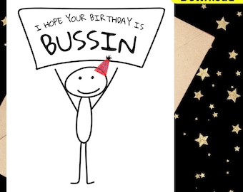 Divertente biglietto d'auguri stampabile con slang per bambini Bussin per ragazzi e ragazze, regalo di tendenza per feste di adolescenti, stampa a casa, download immediato