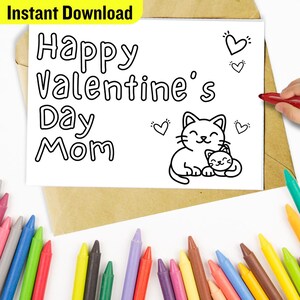 Carte de Saint-Valentin à colorier pour maman, thème chat, téléchargement immédiat, impression à la maison, option sans découpe