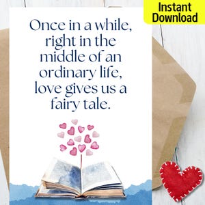 Tarjeta de San Valentín para amantes de los libros para novios y novias, tarjeta de aniversario de amor imprimible para esposos y esposas, descarga digital instantánea