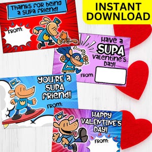 Puede incluir: Una colección de tarjetas de San Valentín con personajes de perros de dibujos animados. Las tarjetas tienen frases como "¡Gracias por ser un amigo supa!" y "¡Feliz Día de San Valentín!" Cada tarjeta tiene un espacio para escribir "De:" y está decorada con corazones.