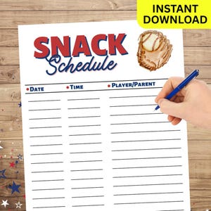 Baseball Snack Spielplan zum ausdrucken, Baseball Essen & Trinken Snacks Meldeblatt, Baseball Leckerli Tasche, Tball Snack Liste, Baseball Team Mama Mappe