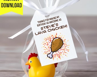 Printable Mine Game Thank You/Gift Tag Cards, Minecraft Theme, Instant Download Steve&#39;s Lava Chicken Birthday Party Favor Tag, Pixel Party