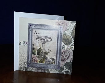 Butterfly, bird bath , greeting card