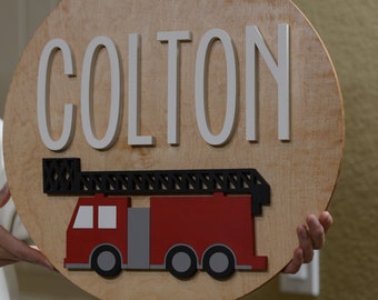 Fire Truck Name Sign Custom Nursery Name Sign with a Fire Engine 3D Wooden Wall Decor Baby Shower Gift Girl Boy Name Birthday Party 3D