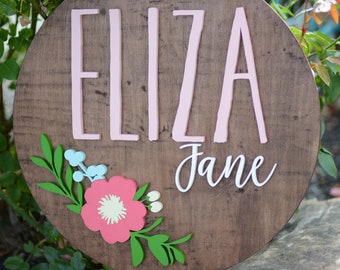 24" Anemone Flower Greenery berries grapes Custom Floral Nursery Name Sign Wood Baby Shower Gift Girl Boy Name Sign birthday Personalized 3D