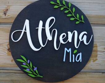18" Round Plant leaves Olive Branch Personalized Nursery Wall Decor Boy Girl Room Family Last Name Established wooden sign baby shower gift