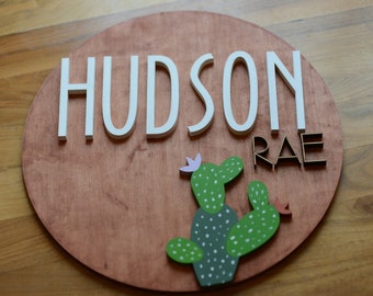 Cactus Cacti themed Custom Nursery Name Sign Wooden Wall Decor Baby Girl Room Baby Shower Gift Birthday Party Art decorations 3D Round