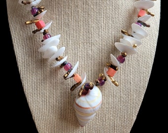 Miriam Haskell White Clam Candy Cane Shell Gold Coral Bead Necklace, Signed, 18&quot;L