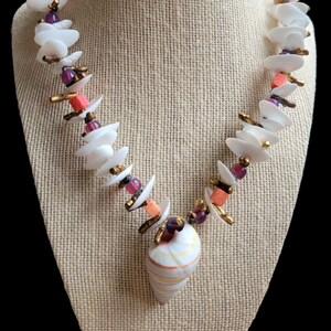 Miriam Haskell White Clam Candy Cane Shell Gold Coral Bead Necklace, Signed, 18"L