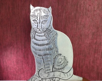 1975 Mid-Century Striped Cat Figurine Doorstop with Wooden Base by Wilton Pewter Company of Columbia, Pennsylvania, 11"H