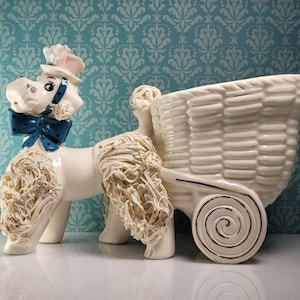 Lefton of Japan #1629 White Spaghetti Poodle Pottery Dog with Cart, 7.5"L