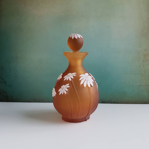 Okra Glass Day's Eye Cameo White Daisies over Frosted Satin Orange Amber 4.75"H Perfume Bottle, Richard Golding, England