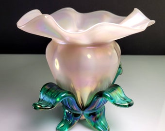 Rare 1990 John Cook (1947-2013) of Oregon Iridescent Pink with Green Leaves Flower Art Glass Perfume Bottle, 6&quot;H