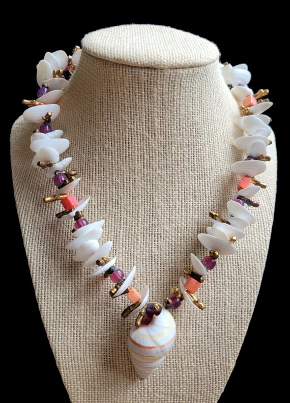 Miriam Haskell White Clam Candy Cane Shell Gold C… - image 1