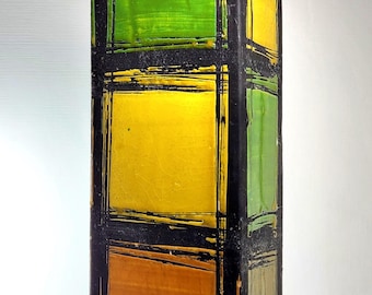 1960s MCM Aldo Londi for Bitossi of Italy #7523 QUADRATO Orange, Yellow & Green Art Pottery Vase, Raymor Label, 9.75"H