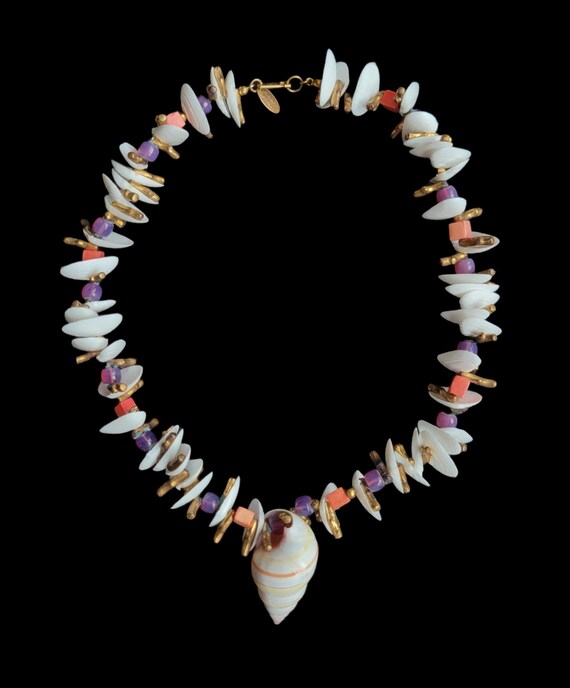 Miriam Haskell White Clam Candy Cane Shell Gold C… - image 2
