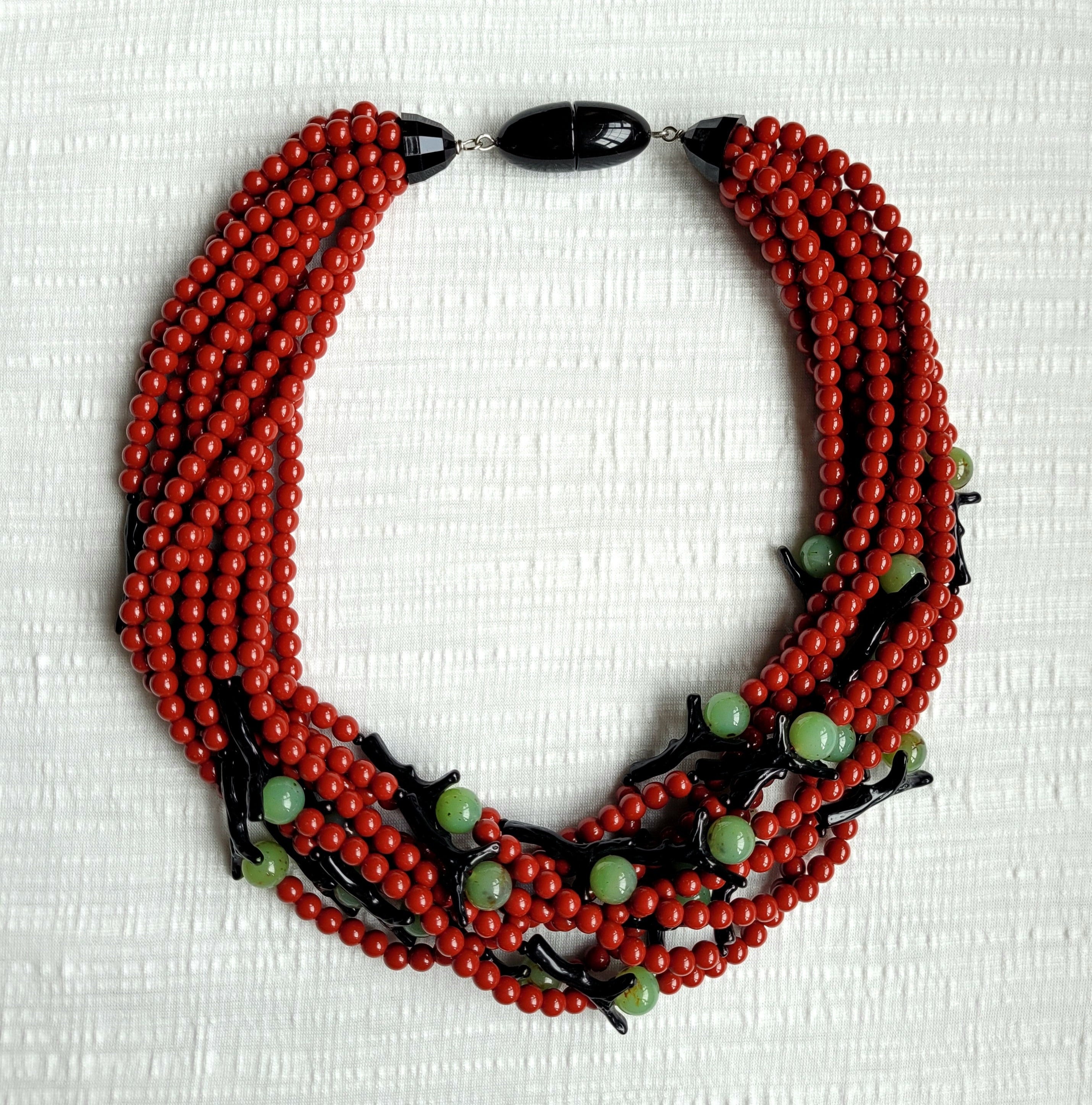 Genuine ANGELA CAPUTI GIUGGIÙ, Fiocchi Italian Design Red Black Jade Multi 10 Strand Beaded Statement Necklace, 21"L