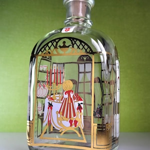 Holmegaard of Denmark Glass Juleflaske Christmas Bottle Decanter, #189, Girl Making Paper Cone Ornaments at Home, Original Label, 7.5&quot;H