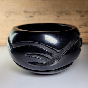 Sharon Garcia of Santa Clara Pueblo Carved Black Potfery Bowl Vase, Signed, 4.5&quot;W