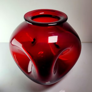Winslow Anderson for Blenko Glass #903-4 Four-Dent Pinched Dimple Art Glass Vase in Ruby Red, Sticker Remnant, 5.5"H