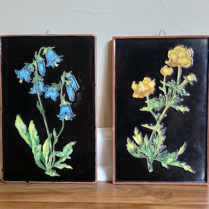 May include: Two framed floral wall art pieces. One features blue bell-shaped flowers with green leaves, the other showcases yellow flowers with green foliage. Both are set against a black background with a brown frame, creating a striking contrast.