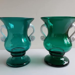 Pair of Kralik of Czechoslovakia Curvy Green Hand-Blown Vases with Curled White Applied Handles, Signed, 5&quot;H