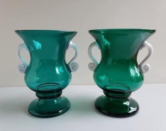 Pair of Kralik of Czechoslovakia Curvy Green Hand-Blown Vases with Curled White Applied Handles, Signed, 5"H