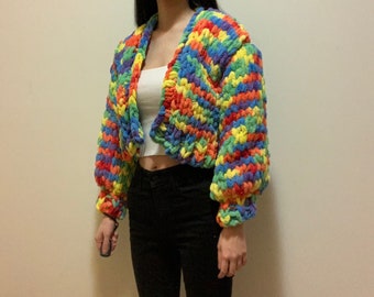 Handknit rainbow marled chunky chenille knit open front cardigan