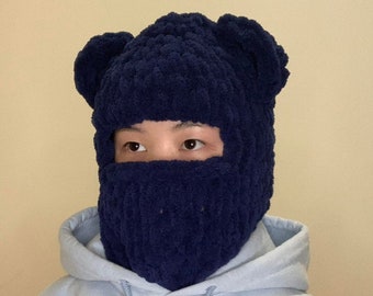 Handknit navy blue bear chunky chenille knit balaclava