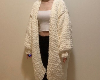 Handknit cream chunky chenille knit maxi open front cardigan
