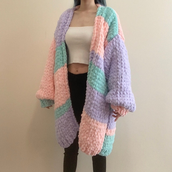 Handknit light pink, lavender, and turquoise striped chunky chenille knit maxi open front cardigan