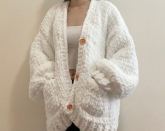 Handknit white chunky chenille knit cardigan with wood buttons and pockets
