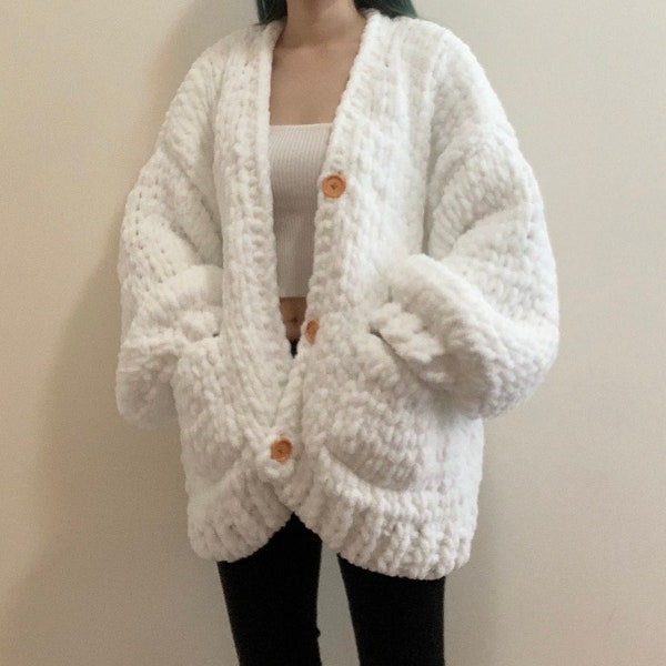 Handknit white chunky chenille knit cardigan with wood buttons and pockets