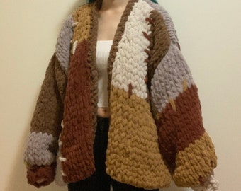 Handknit brown colorblock chunky chenille knit cardigan with wood buttons and stitching detail