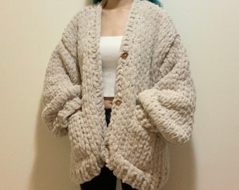 Handknit oatmeal chunky chenille knit cardigan with wood buttons and pockets