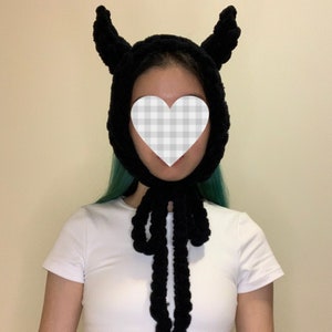 Handknit black devil horn chunky chenille knit earmuffs ear warmer headband