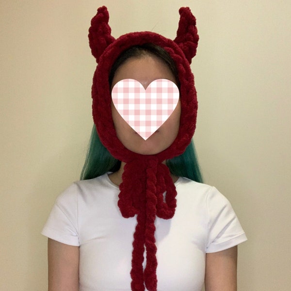 Handknit maroon devil horn chunky chenille knit earmuffs ear warmer headband